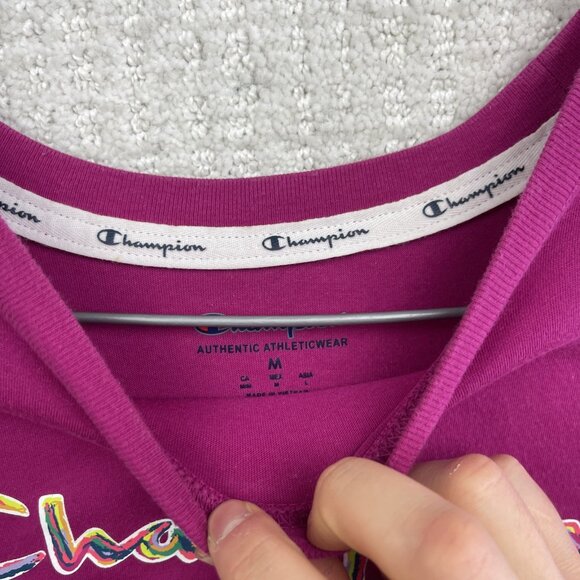Champion T-shirt Women Sz M Fushia w/ Trippy Multicolor Script Logo Spell Out - Picture 7 of 8